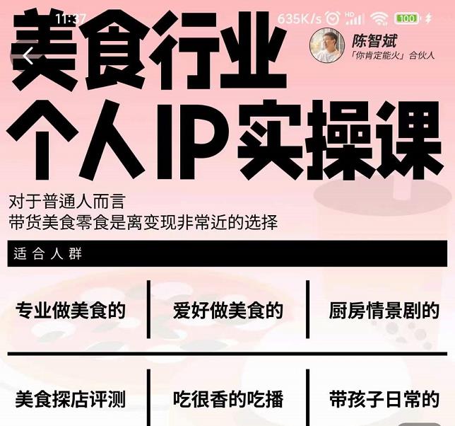 美食行业个人IP实操课,对于普通人而言,带货美食零食是离变现非常近的选择-阳知网创资源库