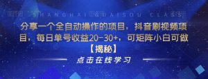分享一个全自动操作的项目,抖音刷视频项目,每日单号收益20-30+,可矩阵小白可做【揭秘】-阳知网创资源库