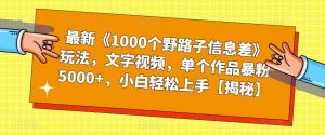最新《1000个野路子信息差》玩法，文字视频，单个作品暴粉5000+，小白轻松上手【揭秘】-阳知网创资源库