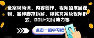全案视频课，内容创作，视频的底层逻辑，各种脚本拆解，爆款文案及视频形式，DOU+如何助力等-阳知网创资源库