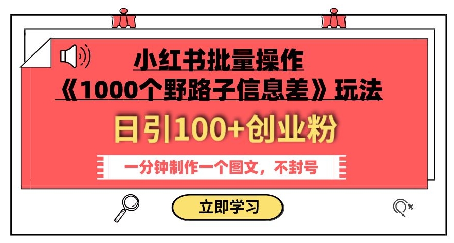 小红书批量操作《1000个野路子信息差》玩法,一分钟制作一个图文,不封号,日引100+创业粉-阳知网创资源库