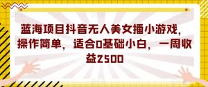 蓝海项目抖音无人美女播小游戏，操作简单，适合0基础小白，一周收益2500【揭秘】-阳知网创资源库