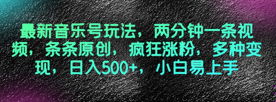 最新音乐号玩法，两分钟一条视频，条条原创，疯狂涨粉，多种变现，日入500+，小白易上手【揭秘】-阳知网创资源库