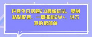 抖音今日话题2.0最新玩法,复制粘贴配音,一周涨粉2W+,过万真的很简单-阳知网创资源库