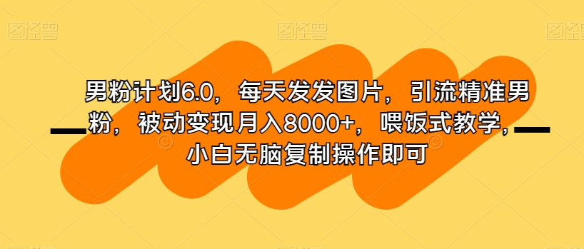 男粉计划6.0,每天发发图片,引流精准男粉,被动变现月入8000+,喂饭式教学,小白无脑复制操作即可-阳知网创资源库