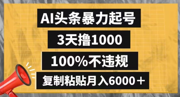 AI头条暴力起号，3天撸1000,100%不违规，复制粘贴月入6000＋【揭秘】-阳知网创资源库