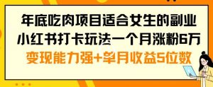 年底吃肉项目适合女生的副业小红书打卡玩法一个月涨粉6万+变现能力强+单月收益5位数【揭秘】-阳知网创资源库