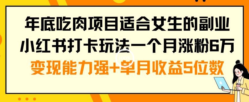 年底吃肉项目适合女生的副业小红书打卡玩法一个月涨粉6万+变现能力强+单月收益5位数【揭秘】-阳知网创资源库