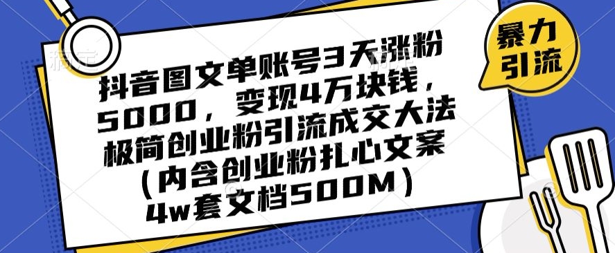 抖音图文单账号3天涨粉5000,变现4万块钱,极简创业粉引流成交大法-阳知网创资源库