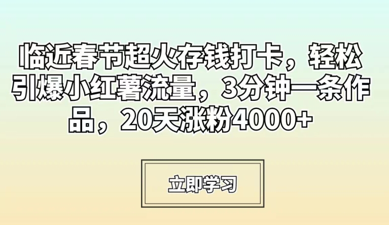 临近春节超火存钱打卡,轻松引爆小红薯流量,3分钟一条作品,20天涨粉4000+【揭秘】-阳知网创资源库