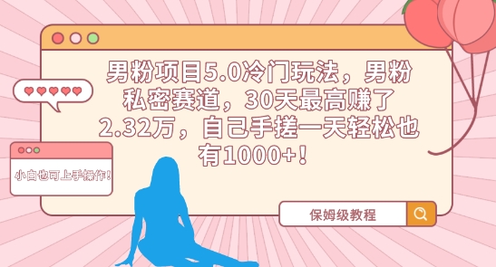 男粉项目5.0冷门玩法,男粉私密赛道,30天最高赚了2.32万,自己手搓一天轻松也有1000+【揭秘】-阳知网创资源库