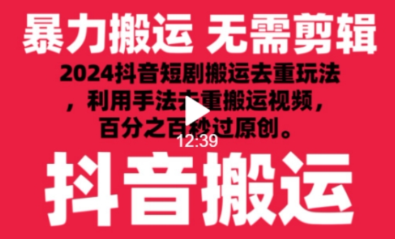 2024最新抖音搬运技术,抖音短剧视频去重,手法搬运,利用工具去重,达到秒过原创的效果【揭秘】-阳知网创资源库