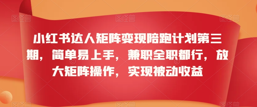 小红书达人矩阵变现陪跑计划第三期,简单易上手,兼职全职都行,放大矩阵操作,实现被动收益-阳知网创资源库