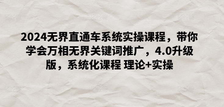 2024无界直通车系统实操课程,带你学会万相无界关键词推广,4.0升级版,系统化课程 理论+实操-阳知网创资源库