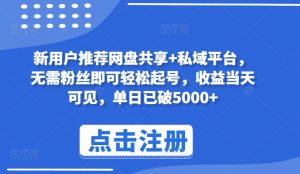 新用户推荐网盘共享+私域平台，无需粉丝即可轻松起号，收益当天可见，单日已破5000+【揭秘】-阳知网创资源库