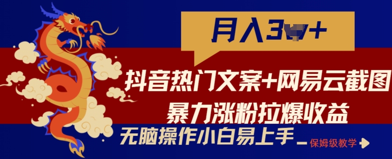 抖音热门文案+网易云截图暴力涨粉拉爆收益玩法，小白无脑操作，简单易上手【揭秘】-阳知网创资源库