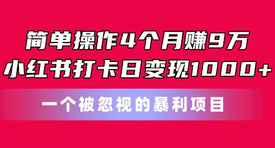 简单操作4个月赚9w,小红书打卡日变现1k,一个被忽视的暴力项目【揭秘】-阳知网创资源库