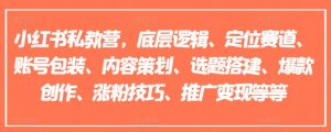 小红书私教营,底层逻辑、定位赛道、账号包装、内容策划、选题搭建、爆款创作、涨粉技巧、推广变现等等-阳知网创资源库