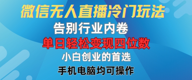 微信无人直播冷门玩法,告别行业内卷,单日轻松变现四位数,小白的创业首选【揭秘】-阳知网创资源库