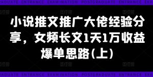小说推文推广大佬经验分享，女频长文1天1万收益爆单思路(上)-阳知网创资源库