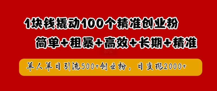 1块钱撬动100个精准创业粉,简单粗暴高效长期精准,单人单日引流500+创业粉,日变现2k【揭秘】-阳知网创资源库