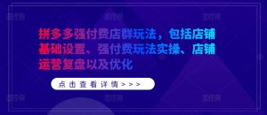 拼多多强付费店群玩法,包括店铺基础设置、强付费玩法实操、店铺运营复盘以及优化-阳知网创资源库