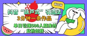 抖音葫芦式引流法,三分钟一条作品,单日引爆抖音500人精准创业粉丝群【揭秘】-阳知网创资源库
