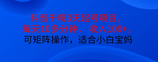 抖音干粉3天起号项目,每天10多分钟,收入100+,可矩阵操作,适合小白宝妈-阳知网创资源库