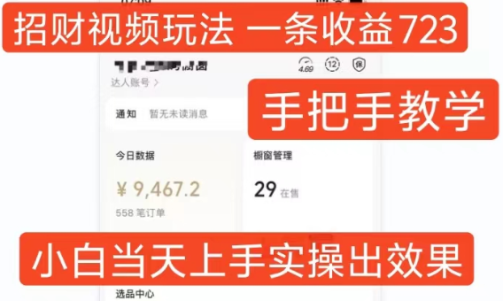 招财视频玩法,一条视频收益723,手把手教学,小白当天可上手-阳知网创资源库