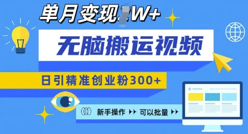 无脑搬运视频号可批量复制，新手即可操作，日引精准创业粉300+，月变现过W 【揭秘】-阳知网创资源库
