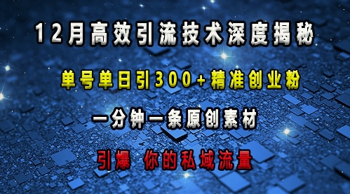 最新高效引流技术深度揭秘 ,单号单日引300+精准创业粉,一分钟一条原创素材,引爆你的私域流量-阳知网创资源库
