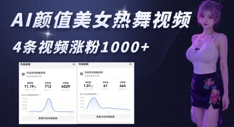 AI颜值美女热舞视频,4条视频涨粉1000+,实测6分钟一条-阳知网创资源库