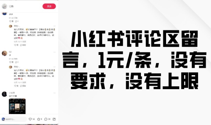 小红书评论区留言，1元条，没有要求，没有上限-阳知网创资源库