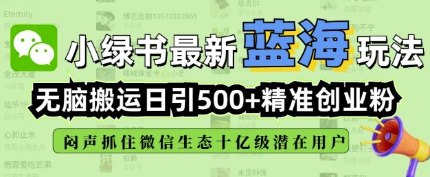 小绿书无脑搬运引流,全自动日引500精准创业粉,微信生态内又一个闷声发财的机会-阳知网创资源库