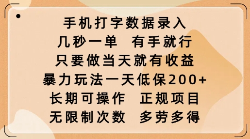 手机打字数据录入,几秒一单,有手就行,只要做当天就有收益,暴力玩法一天低保2张-阳知网创资源库