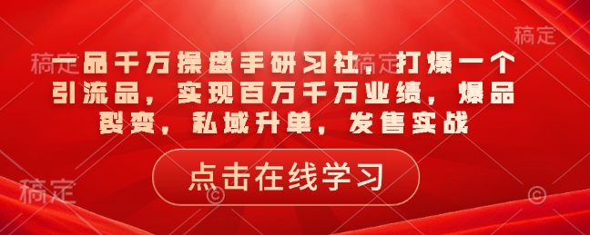 一品千万操盘手研习社，打爆一个引流品，实现百万千万业绩，爆品裂变，私域升单，发售实战-阳知网创资源库
