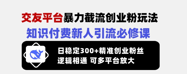 交友平台暴力截流创业粉玩法，知识付费新人引流必修课，日稳定300+精准创业粉丝，逻辑相通可多平台放大-阳知网创资源库