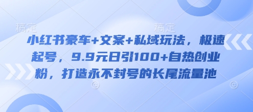 小红书豪车+文案+私域玩法,极速起号,9.9元日引100+自热创业粉,打造永不封号的长尾流量池-阳知网创资源库