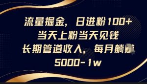 流量掘金，日进粉100+，当天上粉当天见钱，长期管道收入，每月躺挣5k-阳知网创资源库