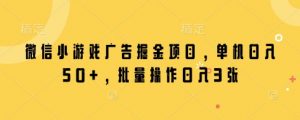 微信小游戏广告掘金项目，单机日入50+，批量操作日入3张-阳知网创资源库