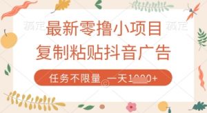 最新零撸小项目，复制粘贴抖音广告即可挣钱，平台大水，任务不限量，一天数张【揭秘】-阳知网创资源库