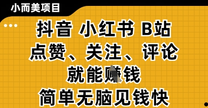 小而美的项目,抖音小红书B站视频点赞、关注、评论就能挣钱,简单无脑立见收益,妥妥的零撸项目【揭秘】-阳知网创资源库