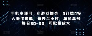 手机小项目，小游戏撸金，0门槛0投入操作简单，每天半小时，单机单号每日30-50，可批量放大-阳知网创资源库