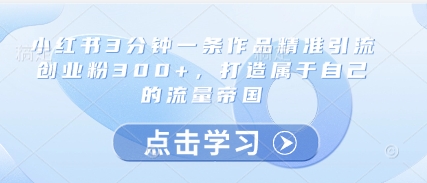 小红书3分钟一条作品精准引流创业粉300+,打造属于自己的流量帝国-阳知网创资源库