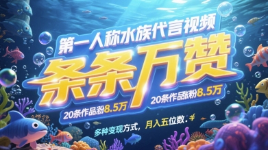 第一人称水族代言视频，条条万赞，20条作品涨粉7.8W，多种变现方式月入五位数-阳知网创资源库
