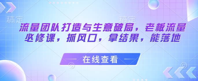 流量团队打造与生意破局,老板流量必修课,抓风口,拿结果,能落地-阳知网创资源库