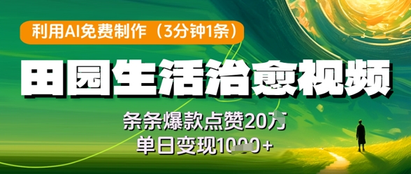 利用AI免费制作田园生活治愈视频，条条爆款点赞20W，单日变现几张-阳知网创资源库