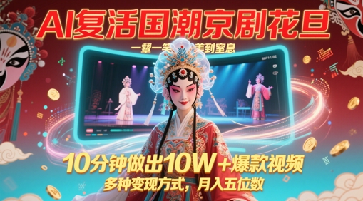 AI复活国潮京剧花旦,一颦一笑美到窒息,10分钟做出10W+爆款视频,多种变现方式,月入五位数-阳知网创资源库