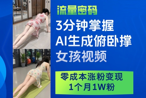 3分钟掌握AI生成俯卧撑女孩视频,零成本涨粉变现,1个月1W粉-阳知网创资源库