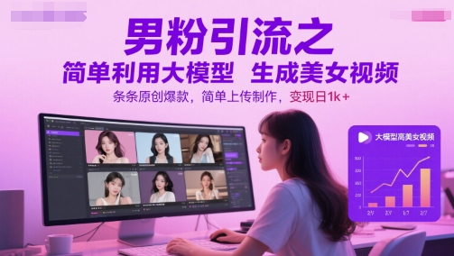 男粉引流之简单利用大模型生成美女视频，条条原创爆款，简单上传制作，变现日1k+-阳知网创资源库